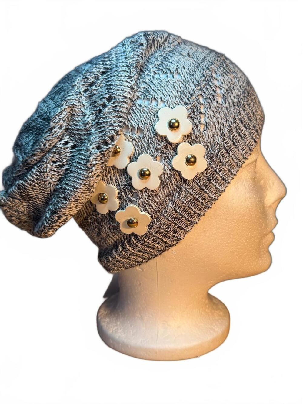 NWT Beanie Love Gray Slouchy Knit Beanie with Floral Detail